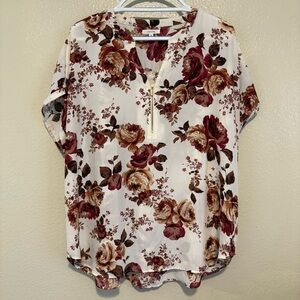 Maurices Plus Size Geneva Floral Zipper Neck Blouse Short Sleeve White/Brown XXL